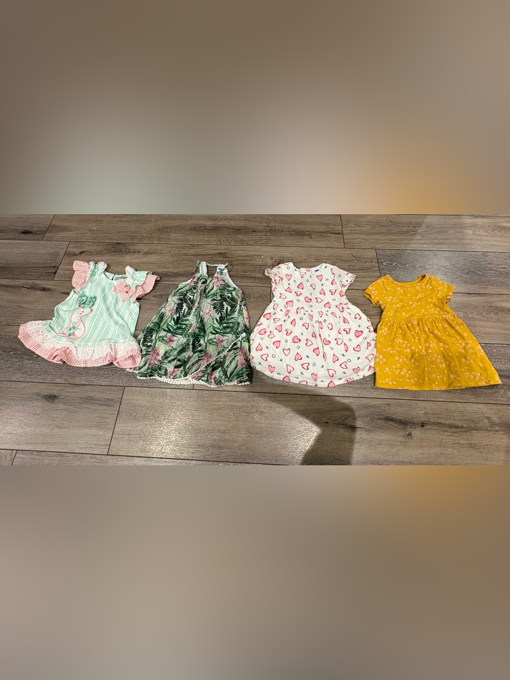 Girls' White & Green Summer Dresses - Heart Print & Tropical Leaf 18 Month